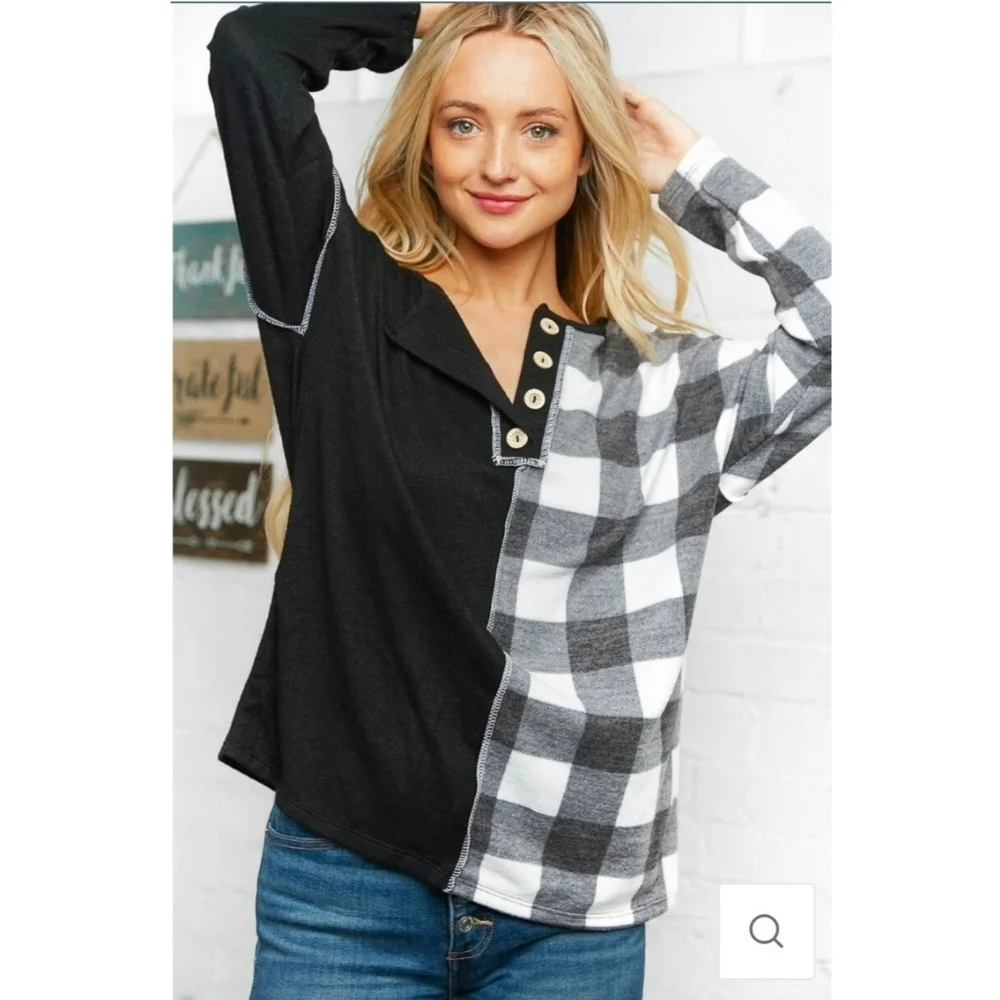 Plaid Half and Half Button Down Knit Top - Picture 5 of 9